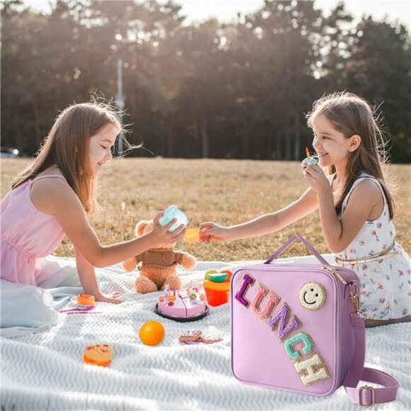 Insulated Lunch Bag Purple Nylon Tote Shoulder Strap Reusable for School Work - Picture 4 of 7